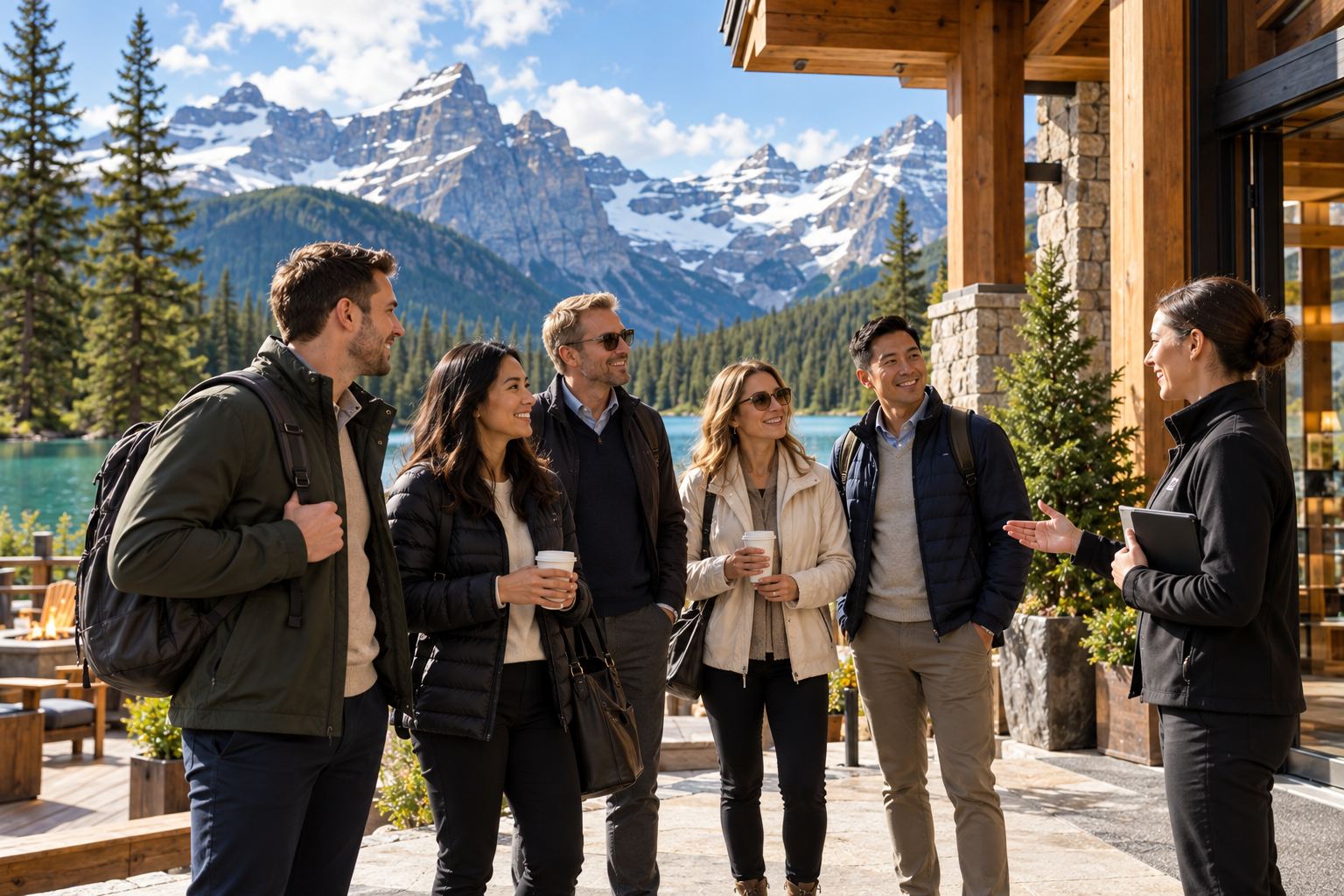 Illustration of an event coordinator with a tablet greeting conference guests holding coffee outside a mountain lodge