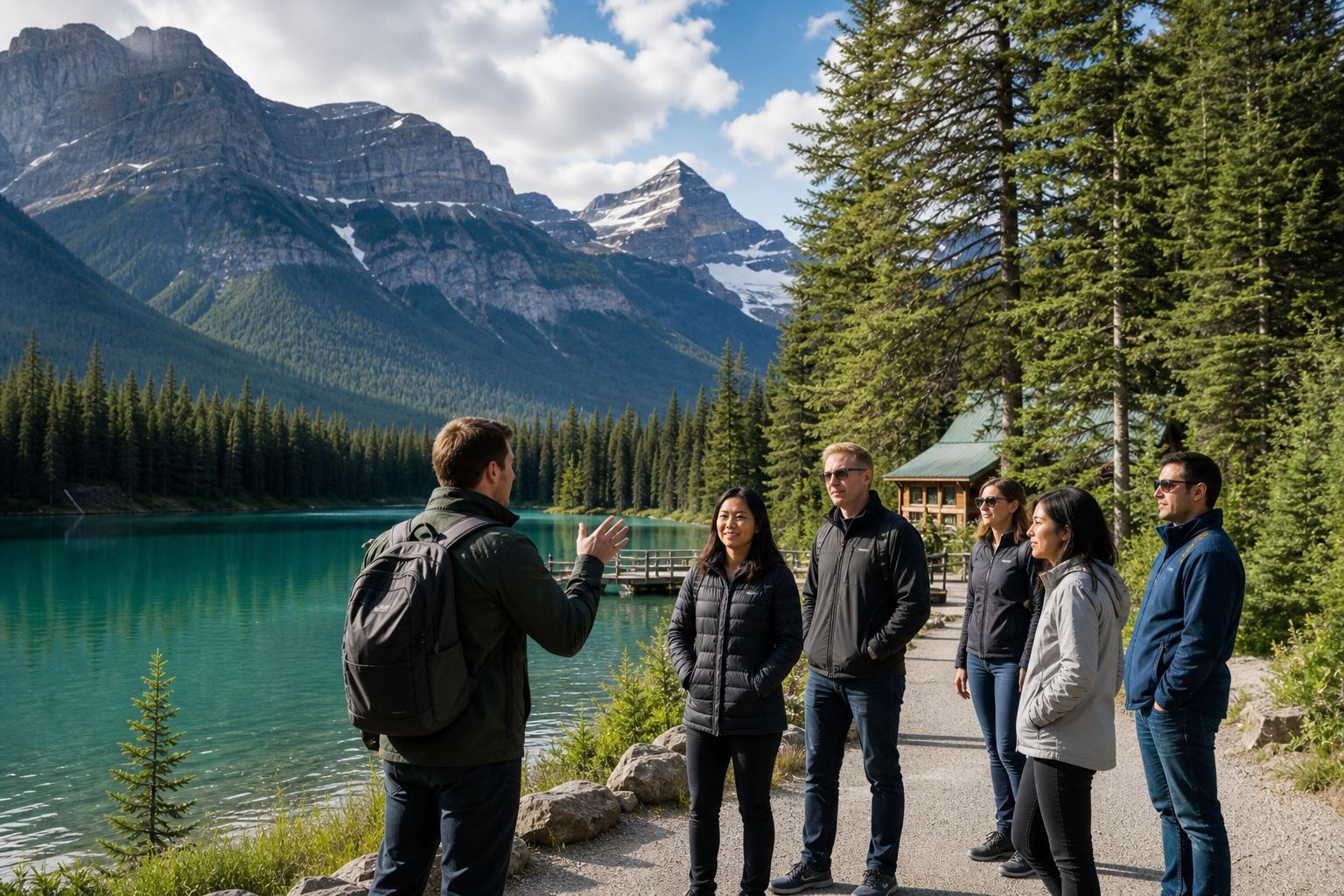 Illustration of a guide talking with a small group in outdoor jackets on a lakeside path beside a timber lodge