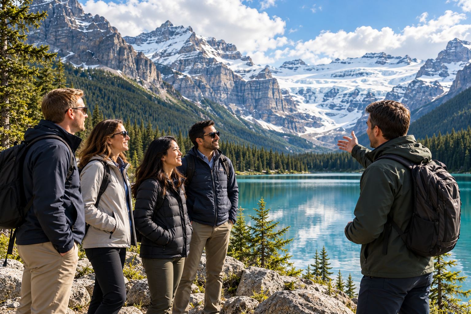Illustration of a small corporate group in outdoor jackets listening to a guide beside a turquoise mountain lake