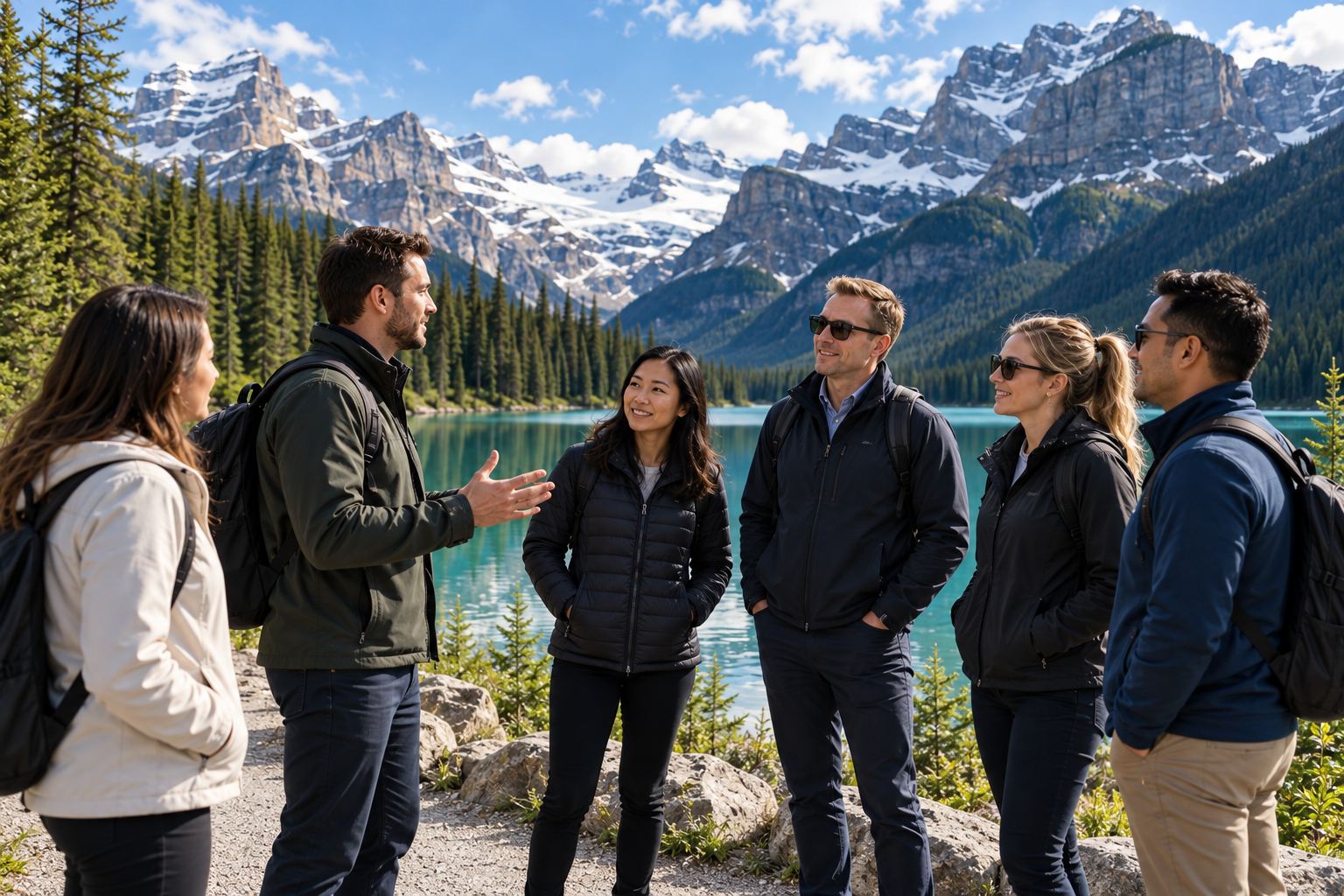 Illustration of a corporate team in outdoor jackets talking together on a lakeside trail below rugged snow-capped peaks