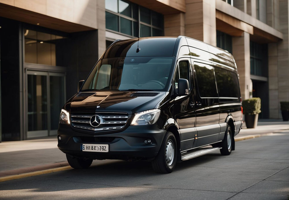 Black Mercedes-Benz Sprinter van waiting at a building entrance