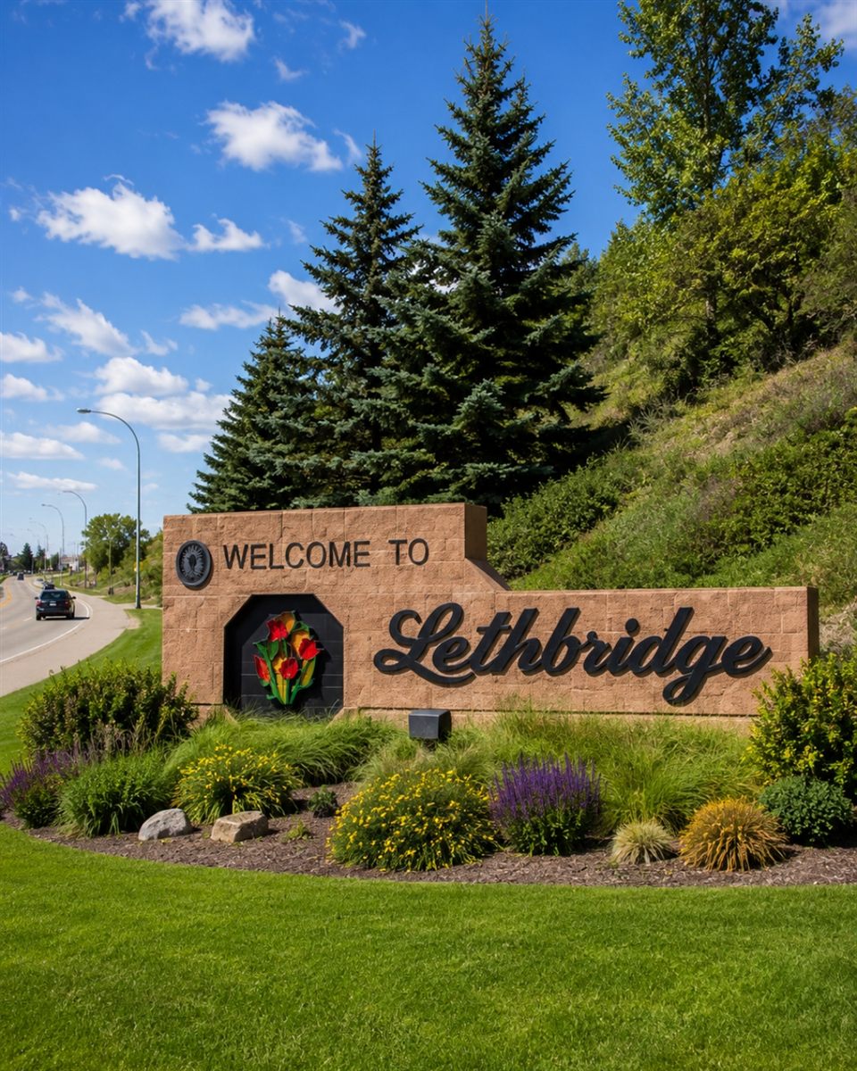 Welcome to Lethbridge sign beside the highway entering the city, with landscaped gardens and evergreen trees